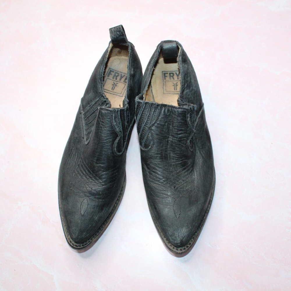 Frye Black Distress Pointed Leather Ankle Boots
